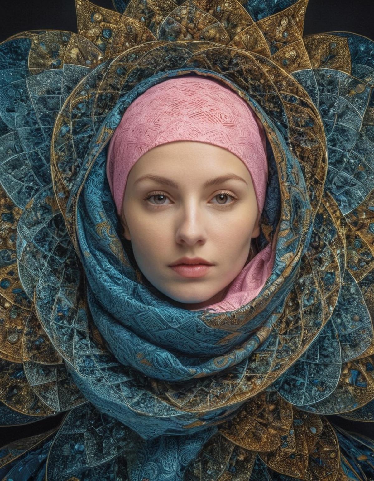 A woman with brown eyes wearing a pink head scarf and a blue scarf.