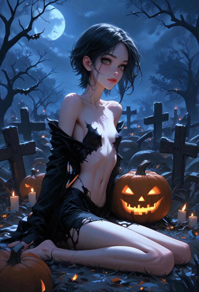 score_9, score_8_up, score_7_up, score_6_up, score_5_up, score_4_up, sharp focus,
zombie girl,
((solo)), 
black hair, flat chest,
sitting on side,
spooky graveyard, night, pumpkins, candles, bats, spiders, detailed background,
tattered transparent goth style gown,
Expressiveh