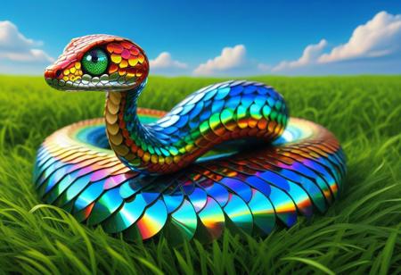 masterpiece, best quality, 3D cartoon cobra made of cd's, swirling, snake, large eyes, slit pupils, scales that shimmer in a rainbow, feather, tiny wings, made from reflective CD fragments, glisten with iridescent colors, cheerful expression, bright blue sky with white clouds, gras, field