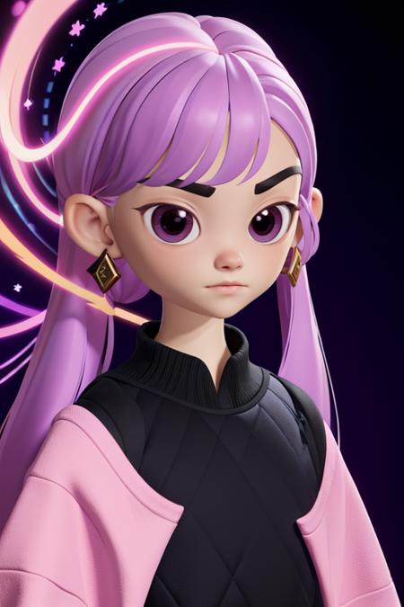 3dmm style,(masterpiece, top quality, best quality, official art, beautiful and aesthetic:1.2), (fractal art:1.3), 1girl, beautiful, high detailed, purple hair with a hint of pink, pink eyes, dark lighting, serious face, looking the sky, sky, medium shot, black sweater, jewelry