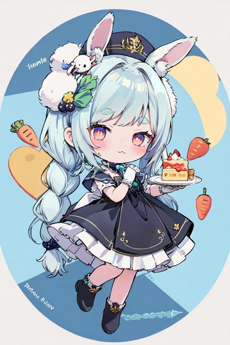 1girl, virtual youtuber, usada pekora, food-themed hair ornament, chibi, blue hair, solo, red eyes, :3, braid, long hair, carrot hair ornament, twin braids, white hair, rabbit ears, hair ornament, food, animal ears, multicolored hair, carrot, rabbit girl, don-chan (usada pekora), two-tone hair, plate, cake, hat, gloves, twintails, thick eyebrows, bangs