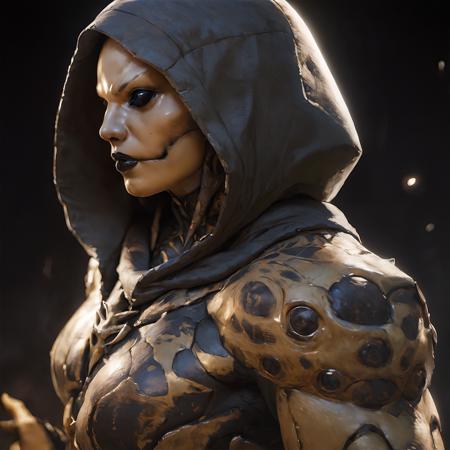 score_9, score_8_up, score_7_up,
dvorah, woman, black eyes, black lips, black sclera, black lips, standing, wide stance, strong, cloak, dark light, armored skin, hood, dark sky, dramatic light, black background, red backlight, side profile
source_anime, realistic 
<lora:Dvorah:0.8> <lora:Realistic_2.5DAnime_Merge1:0.8>