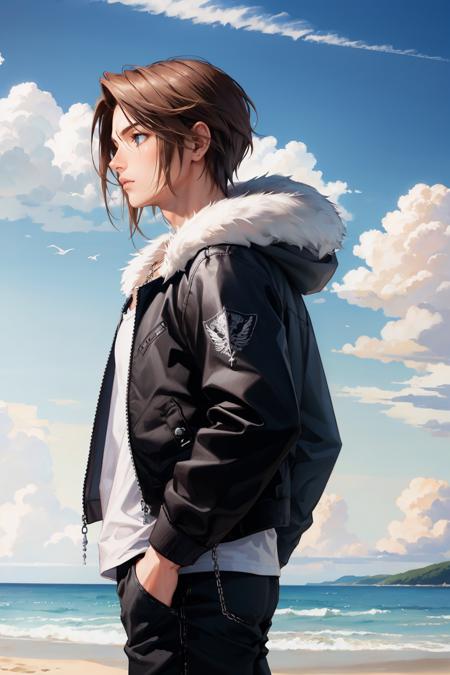 masterpiece, best quality, <lora:squall-nvwls-v1-000009:0.9> squall, scar, necklace, black jacket, fur trim, long sleeves, white t-shirt, black pants, from side, serious, beach, sky, clouds,