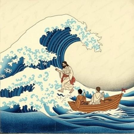 Jesus walking on water while his disciples watch from the boat, the water is the famous piece by Katsushika Hokusai “Under the Wave off Kanagawa”