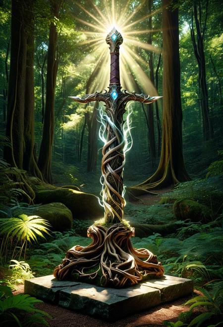 A mythical sword forged from intertwining roots and branches, embedded with glowing crystals, resting on a stone pedestal in a lush forest clearing, sunlight rays filtering through the trees, magical atmosphere, highly detailed, photorealistic textures, fantasy artifact, PG-TR