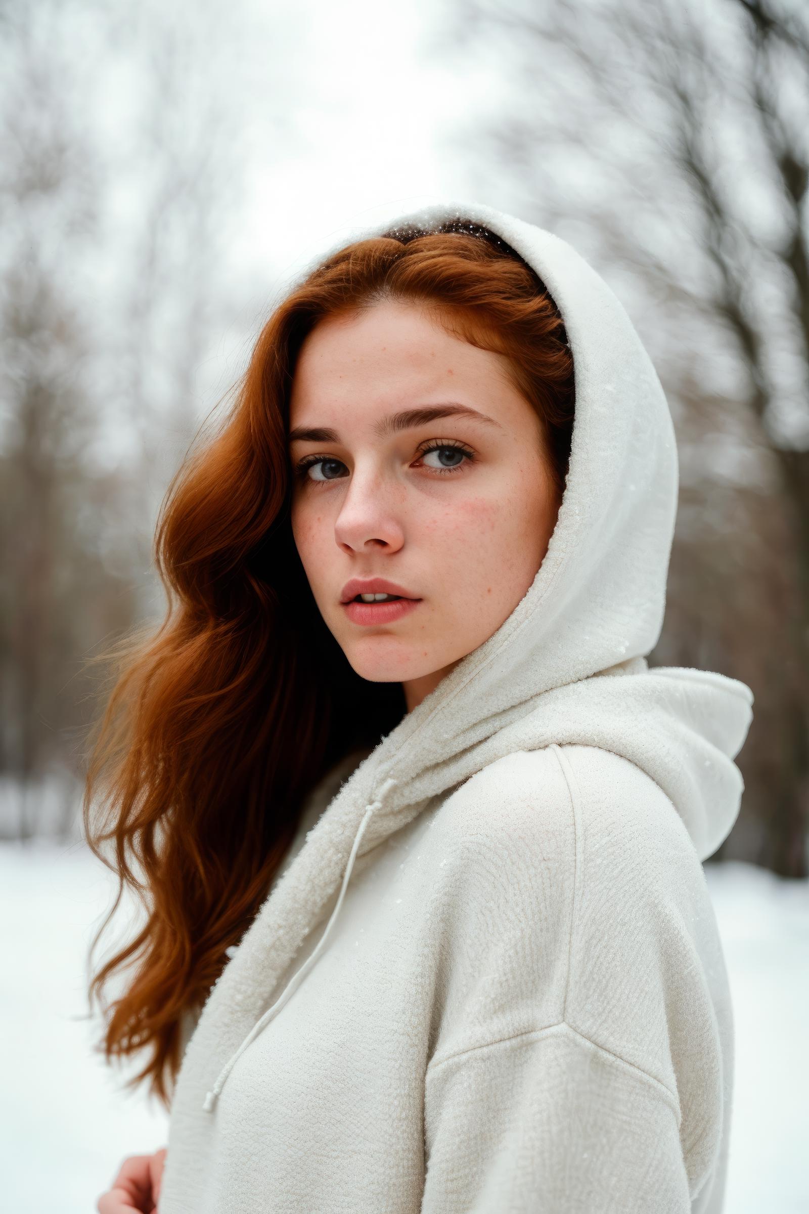 A Woman with Red Hair Wearing a White Sweatshirt, Looking to the Left.