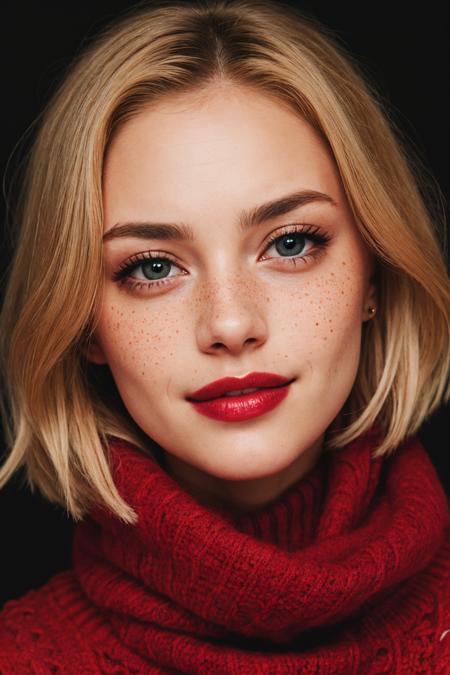 Analog RAW photo portrait of the most beautiful woman in the world with blonde hair and big bright eyes and shiny lips with dark makeup wearing a red sweater and scarf, dark theme, full glossy red lips, masterpiece, ultrarealistic, skin details, a wide smile, blushed cheeks, a sparkle of freckles