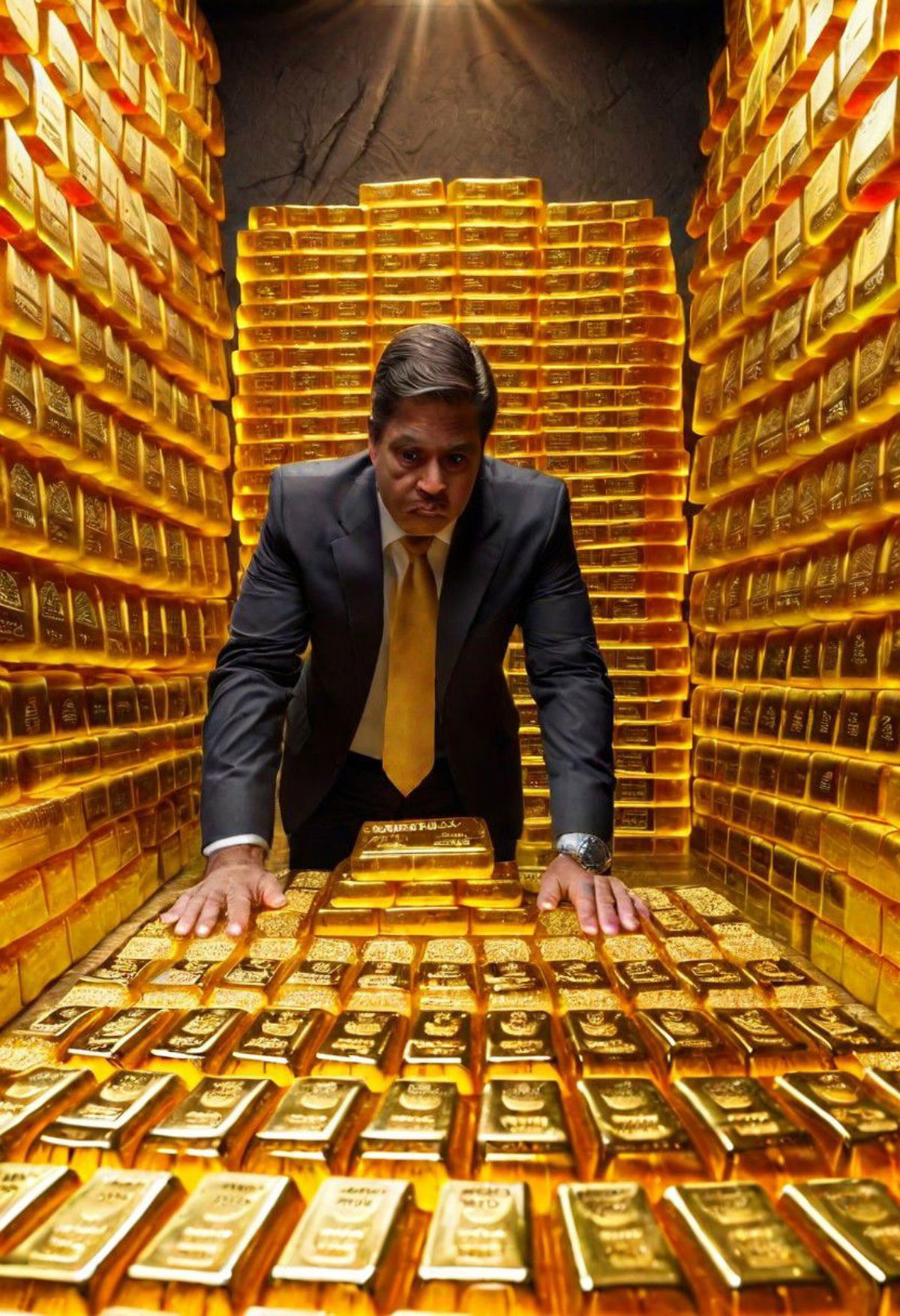 Man standing in a room surrounded by gold bars and coins.