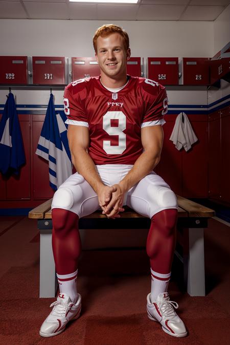 in an American football locker room, (sitting on a bench), legs spread open, BluKennedy, American football player wearing American football uniform, American football shoulder pads, ((red jersey)), jersey number 9, (red football pants and pads), white socks, black sneakers, smiling, masterpiece, (((full body portrait))), full body shot, wide angle   <lora:BluKennedy-000008:0.75>