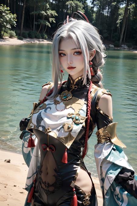 <lora:ShenHe:0.8>, shen_he, beautiful girl, ((cowboy shot)), white hair, ((very long hair)),(gigantic breasts), braid ponytail, ponytail, jewelry, hair over one eye, black bodysuit, hip vent, shoulder cutout, navel, breasts curtain, hair ornament, blue eyes, upper body,outdoors, sunshine, lawn, flowers, sunny, lake, park,