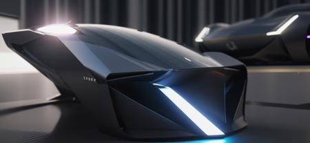 ((blender cycles render style)), solo, the futuristic city of Tokyo in the year 2050, (supercar design concept), simplest form, wide and muscular volume, masterpiece:2, best quality, floating vehicle, thrusters, realistic headlamp details, science fiction, jet-black satin paint, vehicle focus, ultra-realistic detail, sunset view reflected on the surface, rainy day, lens flare, motion blur, blur background, reflective ground, low camera angle, <lora:Speedform_v1:1.2>,