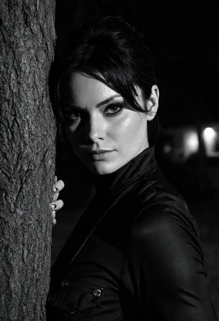 cinematic, ((black and white, monochrome, greyscale)), close up, portrait, of a highly detailed, woman, messy dark hair, shadowed eyes, sinister intentions, muscular, black jumpsuit, hiding behind a tree, in a dark, pitch black, suburban neighborhood, at night. It's been days since she last slept, she must havehimher, he has been in her head non-stop and she's finally ready to act. Tonight, he will be hers. noise, noisy, detailed, high quality, cinematic lighting, contrast, heavy dynamic shadows, atmospheric,