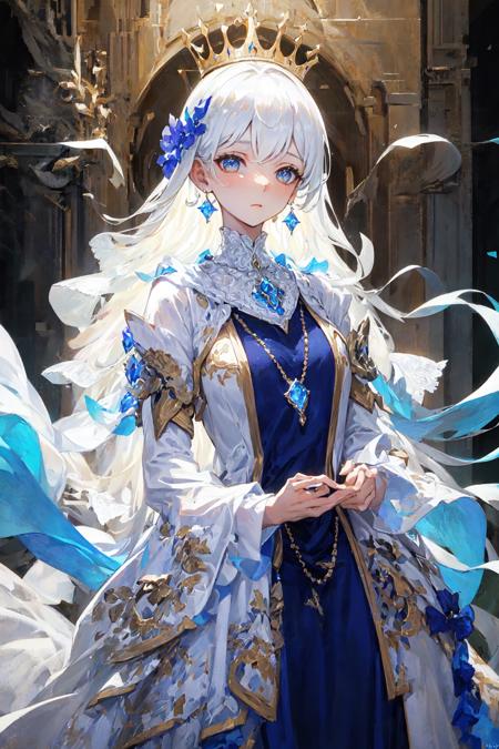 (masterpiece, best quality: 1.4), detailed background, white crystal, crysal cluster,long hair,jewelry, earrings, necklace, crown, bride, white hair, halo, <lora:tam+gsr:1>