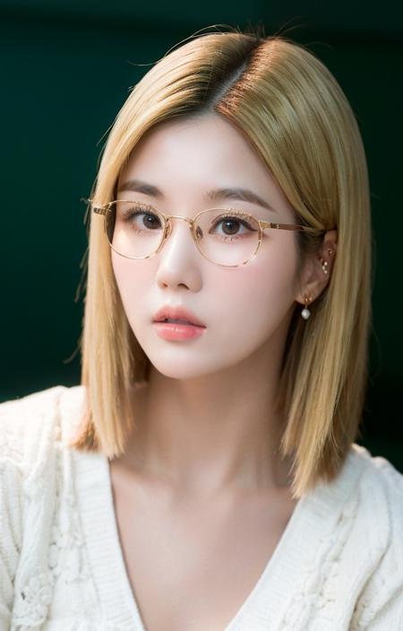 eunbi, woman, perfect eyes, (blonde hair:1.5), (glasses:1.2), (teacher dress:1.2), (ultra realistic:1.5), (teacher:1.3), (close-up photo:1.2), potrait, (misty forest:1.2), (intricate:1.5), (looking at camera:1.2), <lora:eunbi-byhighwizard customver1:1>