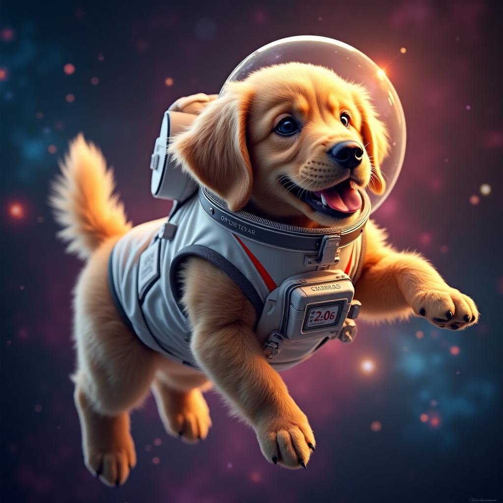 A golden retriever wearing an astronaut suit, floating in space with a glowing planet and colorful galaxies in the background