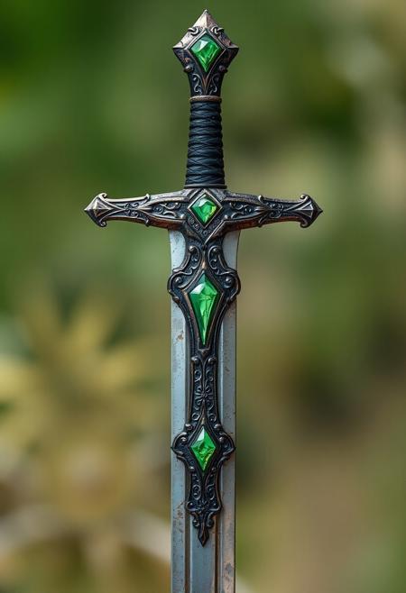 A Highly Detailed Ancient Looking Sword With A Light green Gem embedded in the hilt