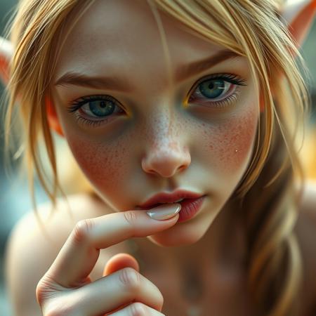A breathtakingly beautiful elf is looking longingly at the viewer while sucking the tip of her finger, best quality, clear focus, high definition, realistic