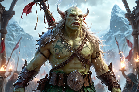 bioluminescent, an orc scavenger with green skin, wearing tattered clothes, searching through debris, solo, from the Ravenshield Clan, with raven feathers on armor and shield symbols, an orc warship with wooden hull, spiked prow, orcs rowing, detailed background, setting a trap, tying a rope, cautious, glancing around, action focus, medium shot, a fishing contest with orcs spearing fish, river splashing, crowds cheering, a crude orc sword, nearby, on an icy slope, slippery surface, cloudy, overcast sky, diffused light, cool tones, late night, dark sky, bright stars, cold air, best quality, vibrant colors, photorealistic style, high detail, high-definition, hyper-realistic, extremely high-resolution details, fine texture, incredibly lifelike, realistic, not cartoon, not drawing, highres, 4K resolution, source photo, realistic photo, masterpiece, best quality, amazing quality, very aesthetic, ultra-detailed, detailed textures, natural lighting, soft lighting, desert tan tones, sandy beiges and yellows, misty light, diffused soft glow, high angle shot, looking down, <lora:Mystic_Lumina_r1-000007:0.9>