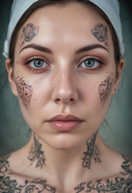 multi-exposure photo  beautiful nurse woman from paradise and amazing nurse alien, organic and incomprehensible tattoos,  duble alien-like pupils in the eyes, neat and strong lower jaw tense posture standing, tempting attractive hands, cinematic photography, soft focus, amazing depth of field, stunning extensive details, natural ambient lighting, add details xl,attractiveness