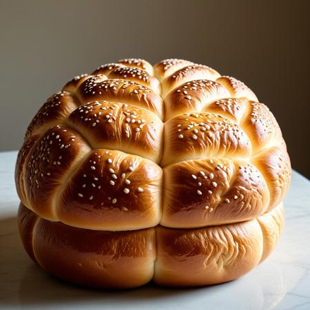 A whimsical and slightly unsettling ((masterpiece)) of a human brain perfectly sculpted from soft golden and slightly sweet ((brioche bread)), the convolutions and fissures are rendered with a delicate fine crumb texture highlighting its fluffy tender interior, it rests elegantly on a plush velvet cushion like a precious strange artifact under a soft spotlight, ((no non-bread elements, no actual organic matter, no real fabric for the cushion)), artisanal appearance, realistic brioche texture, subtle golden sheen. ((Soft, diffused spotlighting)), elegant composition, ultra-detailed, best quality, photorealistic.