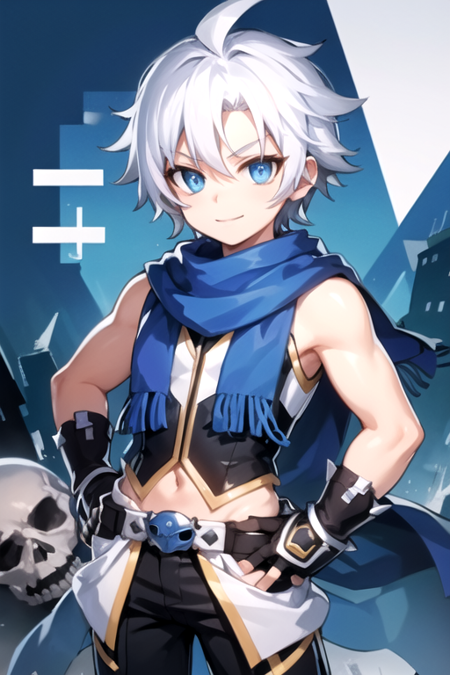 <lora:LassIsolet-03:0.7> ,lassgc, solo, looking at viewer, smile, blue eyes, gloves, 1boy, holding, closed mouth, white hair, male focus, pants, fingerless gloves, chibi, english text, hand on hip, spiked hair,  blue headwear, skull, bandana, blue gloves, blue scarf, explosive, bomb