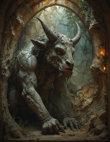 (Within the labyrinthine maze, The Minotaur waits, a beast of myth and sorrow, cursed by its monstrous form, longing for liberation.:0.5) ([Stained glass style|Macro Photography]:1.3)