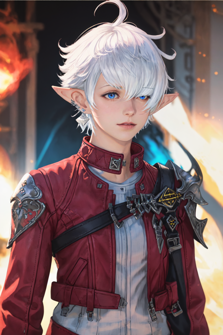 Alisaie Leveilleur, official art, best illustration, extremely detailed, ultra sharp, 1girl, solo, short hair, blue eyes, gloves, jewelry, jacket, upper body, white hair, earrings, pointy ears, armor, hair over one eye, depth of field, specular highlights, red jacket, elezen, <lora:Alisae_FFXIV-06:0.8>