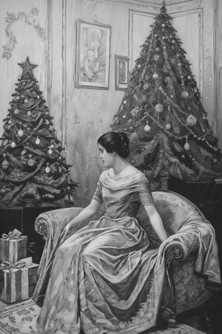 Black and white engraving, of a woman in a living room with Christmas decor