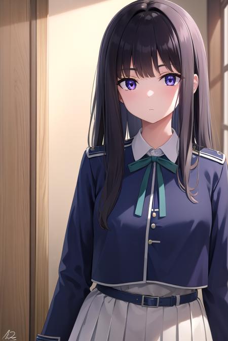 takinainoue, <lora:takinainoue-lora-nochekaiser:1>, 
inoue takina, long hair, bangs, black hair, (purple eyes:1.2),
BREAK shirt, long sleeves, dress, ribbon, school uniform, white shirt, collared shirt, belt, neck ribbon, blue dress, green ribbon, pleated dress, grey dress, two-tone dress, blue belt, lycoris uniform,
BREAK indoors, restaurant,
BREAK looking at viewer, (cowboy shot:1.5),
BREAK <lyco:GoodHands-beta2:1>, (masterpiece:1.2), best quality, high resolution, unity 8k wallpaper, (illustration:0.8), (beautiful detailed eyes:1.6), extremely detailed face, perfect lighting, extremely detailed CG, (perfect hands, perfect anatomy),