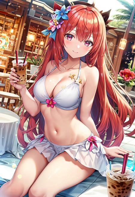 1girl, solo, breasts, swimsuit, bikini, white background, long hair, navel, holding, simple background, medium breasts, cup, looking at viewer, smile, cleavage, v, bubble tea, bare shoulders, star (symbol), collarbone, (masterpiece,best quality)