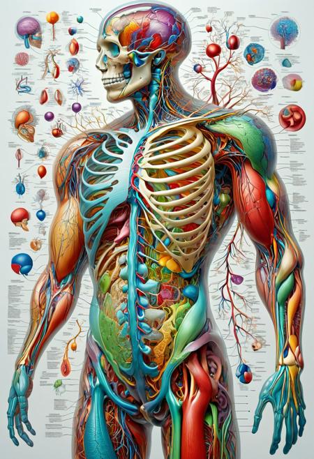 An intricately detailed, scientifically accurate, and colorful depiction of the entire human body, including all internal organs and systems, is displayed in this illustration. The skeletal, muscular, nervous, circulatory, respiratory, digestive, endocrine, and immune systems are all visible, highlighting the complex connections between them. Each organ and system is depicted realistically and accurately. A soft gradient effect enhances the sense of depth and dimensionality. The background is kept clean and minimalist, featuring a white backdrop to emphasize the subject matter and improve visibility. The illustration also includes subtle shading and texture to give it a realistic and tangible feel.