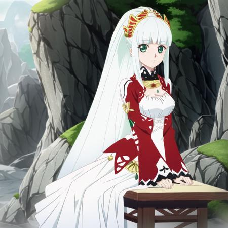 lailah (tales), 1girl, solo, (white hair:1.4), long hair, ponytail, bangs, (green eyes:1.2), blunt bangs, hairband, sidelocks, hair ornament, narrow waist, slim waist, looking at viewer, dress, japan, highres, absurdres, hands on own chest, big eyes, sitting on desk, from below, feet out of frame