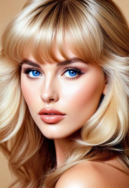 (photorealistic), (close-up headshot), 1980s style beauty with giant feathered chestnut hair, tousled bangs, soft makeup, glossy lips, and deep blue eyes. Her face is lit softly from one side, creating subtle shadows across her cheekbones. Background is creamy tan with film grain effect. bubbly_blonde.