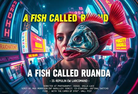 **“A captivating and surreal movie poster for A Fish Called Ruanda, a futuristic B-movie thriller with a girly, campy twist. The scene is viewed through the exaggerated distortion of a fish-eye 12mm cinema prime lens, pulling the viewer into the chaotic, neon-soaked dystopian cityscape. Front and center is the main actress, Katarina Pesceallegro, a striking redhead with a mix of glamour and danger in her expression. Floating ominously nearby is a grotesque, decaying fish, symbolizing the ‘very rotten climax.’
The poster includes bold, retro-futuristic typography for the title A Fish Called Ruanda, with the subtitle in Polish beneath it. The credits at the bottom feature:
	•	Directed by: Max Morrison
	•	Director of Photography: Diego Dalla Luce
	•	Edited by: JOE “FINAL CUT” Switcho
	•	Main Actress: Katarina Pesceallegro
	•	Co-Starring: JOE FISH
	•	With the Cameo of: STEWEN SEAGULL
The design blends neon tones, gritty textures, and campy B-movie flair, making it a trendsetting cinematic experience that teases its quirky, action-packed storyline.”**