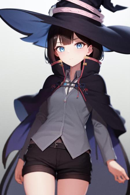 masterpiece, best quality, highres, 1girl saya bob cut blue eyes, witch hat blue hat feather, capelet robe shorts <lora:saya2:1>