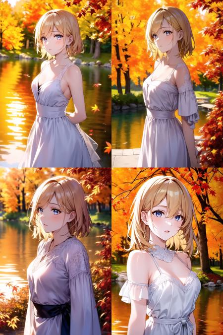 <lora:Seasons-000003:0.8>, 1girl, blonde hair,autumn, outside,outfit, lake, outdoors, (masterpiece:1.0), (best quality:1.0), (8k wallpaper:1.0), extremely delicate and beautiful, (beautiful detailed face:1.0), (detailed deep eyes),  symmetrical breasts, deep eyes,