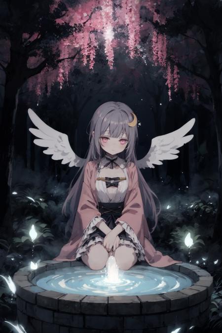 1girl, colorful longhair, frilled skinny pink robe, zigzag eyes, small breast, in the night, crescent, black tiny angel wings, soft smile, sleeping forest, fantasy view, fountain, eerie moods, glitch, luminous, illusion effect, dof, powder light