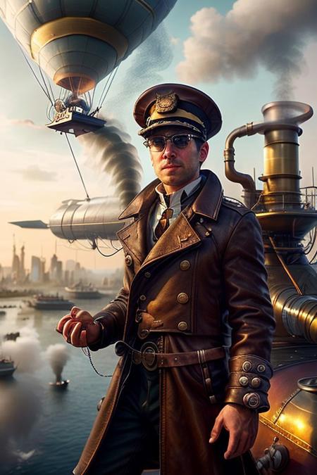 score_9, score_8_up, score_7_up "close up portrait  of A young, confident steampunk airship captain with goggles on his head, standing on the deck of a massive brass airship. He wears a tailored leather coat with brass buttons, a compass around his neck, and fingerless gloves. The background shows clouds and distant city rooftops with smokestacks. The scene is filled with sunlight filtering through clouds, casting a warm, adventurous glow