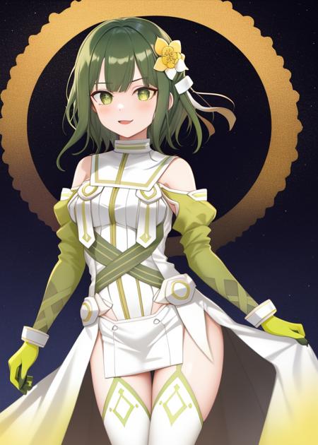 <lora:Shiratori_Utano-10:0.7>,1girl, solo, short hair,green hair, hair ornament, dress, green eyes, green hair, hair flower,thighhighs, gloves,