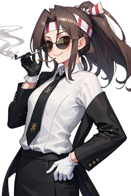 best quality, masterpiece, highres, solo, {black business suit:1.40}, {tie:1.20}, {sunglasses:1.25}, {white gloves:1.15}, {white shirt:1.10}, {black skirt:1.15}, {smoking:1.20}, handsome, {zuihou_kantaicollection:1.15}, long_hair, brown_eyes, ponytail, brown_hair, headband, hachimaki, high_ponytail, smile, blush