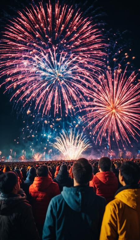 New Year concept - cheering crowd and fireworks, cinematic look, film, breathtaking photograph, award-winning, professional, dlsr, dramatic light, highly detailed . 35mm photograph, 4k, vivid colors, warm atmosphere, focus stacking, shot on hasselblad, reflections, <lora:add-detail-xl:1>, <lora:SDXLHighDetail:0.5>