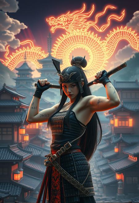 Cinematic shot. Masterpiece, professional, award-winning, hyperdetailed, 8k resolution, ultrarealistic, realistic depiction of the Japanese Edo period. The main background features traditional Japanese architecture, including samurai castles and wooden houses with tiled roofs, bathed in a neon afterglow. In the sky, a detailed electric dragon pattern creates a striking secondary background. The scene is viewed isometrically, with digital constructs subtly integrated. A Japanese girl in sleeveless samurai armor stands in the foreground, muscular, big biceps, hot, sexy, beautiful, angry, long hair, yazuka tattoos, ((torso shot)), arms raised, holding weapon, exuding a powerful presence. Inspired by Alphonse Mucha, the image highlights feminine elegance and intricate detail, capturing the wonder of the scene. absurdres. Pheonix. colorful. wallpaper. huge filesize. RAW photo.