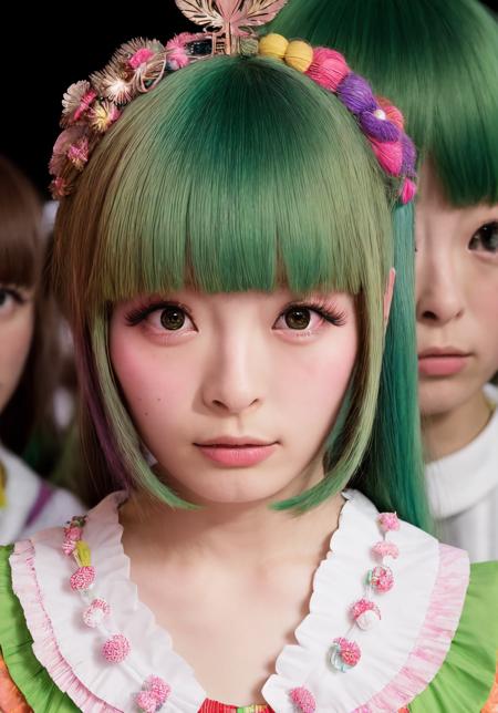 1girl, pamyurin, stage, audience, crowd, facing viewer, looking at viewer, eye contact, outdoors, festival, blank stare, green hair, petite, flat_chest, blush, long_eyelashes, fake_eyelashes, masterpiece, absurdres, highres, realism