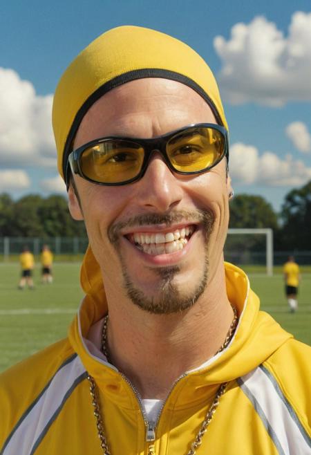 picture of a man EPAliGXL wearing an yellow tracksuit and a do-rag, sunglasses, on a soccer field, upperbody portrait, smile, sun, sky, clouds