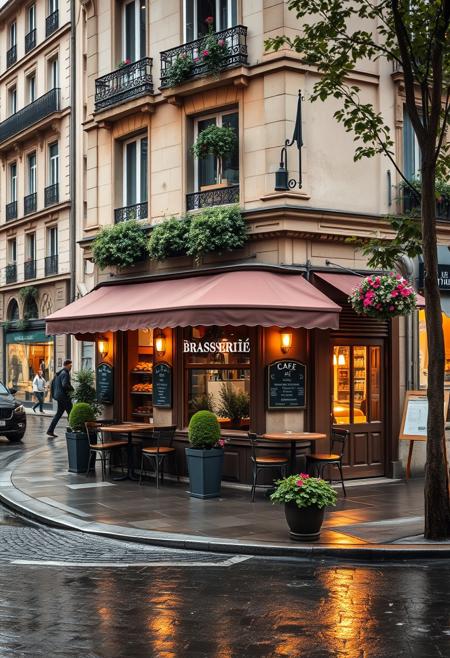 A beautifully lit and composed professional photograph of a Parisian brasserie on a bustling street corner, the restaurant is an oasis from the busy street, tucked in and cozy off the street next to a flower shop, wet cobblestones, high resolution, early morning rain, weathered limestone and details, fine details of plants and trees, ultra realistic modern day scene, early morning sun, the words cafe and tabac are on the sign