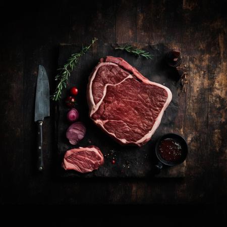 <lora:SDXL_black_and_color_Sa_May:1> a food  steak meat wood table