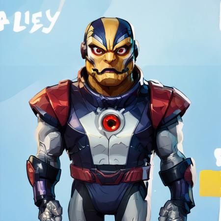 Bluey style, score_9, score_8_up,  comic book villain apokalypse solo, 1boy,purple armor, red eyes, , cowboy shot,solo, high tech