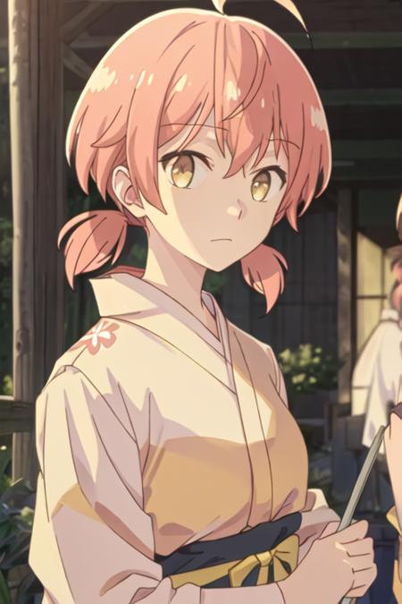 best quality, masterpiece, highres, solo, {yukata:1.40}, {kimono:1.20}, {koito_yuu_yagatekimininaru:1.15}, twintails, short_twintails, low_twintails, brown_eyes, ahoge, pink_hair, closed_mouth, yellow_bow, short_hair, yellow_ribbon, bangs, bow, ribbon, yellow_bowtie, hair_between_eyes, orange_hair