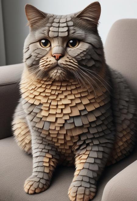 A fat hungry cat with messy hair and a mean expression is sitting on the sofa, hugging shingles with his front paws, as if they were his most precious treasure.He looks very focused on his shingles. shingles are scattered around him, some on the floor and some on the sofa.shingles sticking out of the edge, while the cat licks its whiskers, still with golden crumbs stuck to its snout.The scene is funny and chaotic, showing a hungry and selfish cat totally immersed in its moment of indulgence.The scene is completed by untidy cushions and an air of disorder, as if the cat had taken total control of the environment. funny, comical, parody, mad-shingles