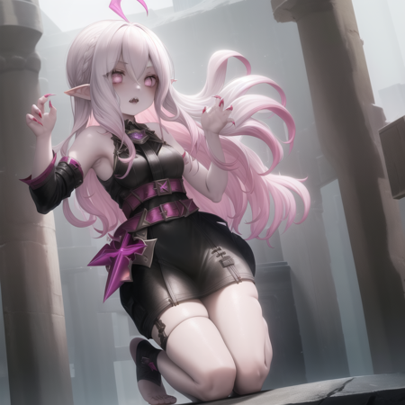 <lora:Briar:0.8> 1girl, solo female, briar, clothed, feet, foot wrappings, pale skin, white eyes, pink white hair, pointy teeth, zombie, vampire, pointy ears, sharp nails, masterpiece, high quality